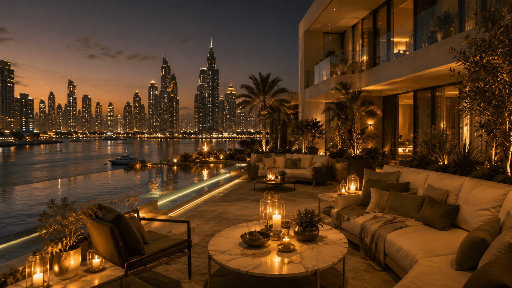Dubai waterfront terrace at night with city lights