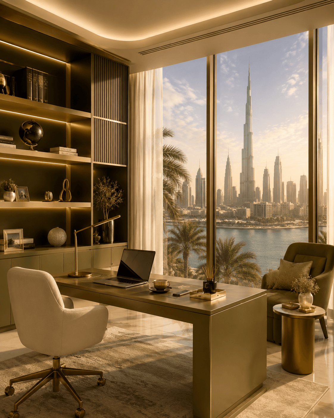Professional office workspace overlooking Dubai skyline