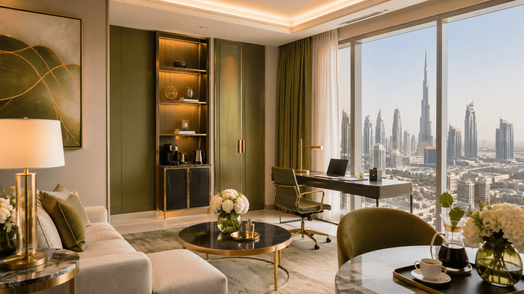 Business workspace overlooking Dubai skyline