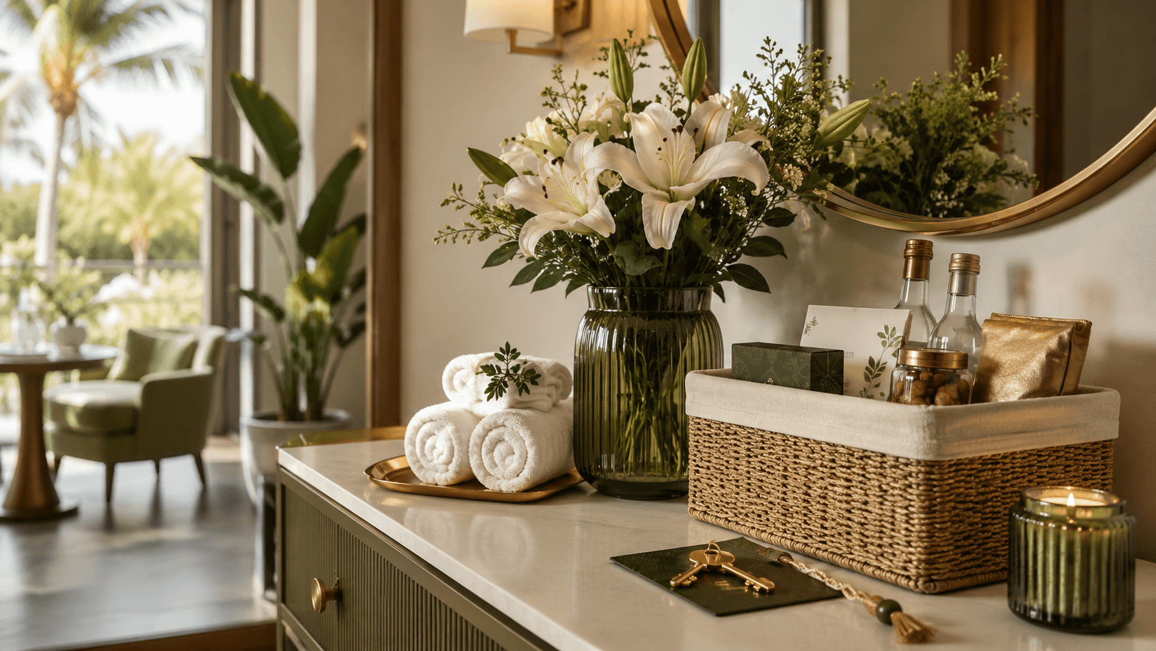 Welcome amenities including flowers and towels